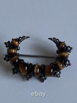 Victorian Antique Solid Silver Tigers Eye & Seed Pearl Brooch