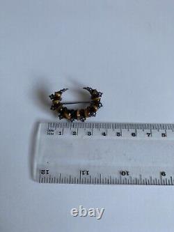 Victorian Antique Solid Silver Tigers Eye & Seed Pearl Brooch