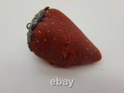 Victorian Antique Sterling Silver & Silk Strawberry Sewing Emery Pin Cushion