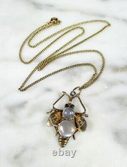 Victorian Gold Washed Silver Moonstone Sapphire Bug Solid14k Gold Chain Necklace