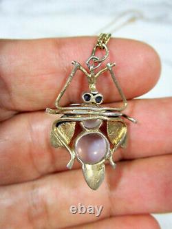 Victorian Gold Washed Silver Moonstone Sapphire Bug Solid14k Gold Chain Necklace