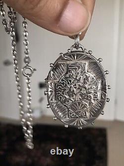 Victorian LARGE Silver Floral Locket Pendant Hallmark B'ham 1893 + 71cm S Chain