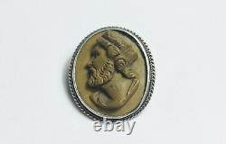 Victorian Lava cameo solid silver brooch crowned male bust Greek mythology