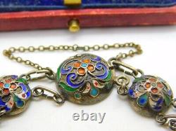 Victorian Russian Sterling Silver Colourful Enamel Floral Panel Bracelet c1880