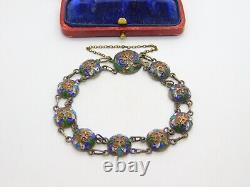 Victorian Russian Sterling Silver Colourful Enamel Floral Panel Bracelet c1880