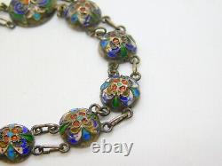 Victorian Russian Sterling Silver Colourful Enamel Floral Panel Bracelet c1880