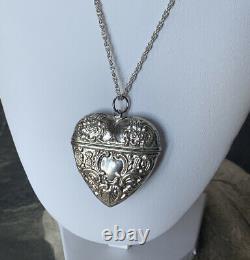 Victorian Silver Locket Pendant Box Necklace and long 64cm Silver Chain 20 grams