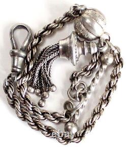 Victorian Solid Silver Albertina Pocket Watch Chain T-Bar Bracelet + Fob