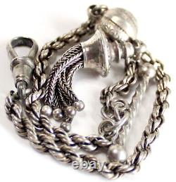 Victorian Solid Silver Albertina Pocket Watch Chain T-Bar Bracelet + Fob