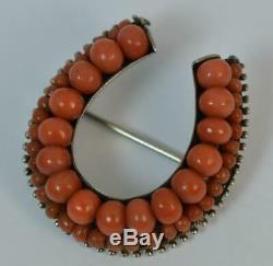 Victorian Solid Silver & Coral Lucky Horseshoe Shaped Brooch