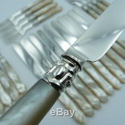 Victorian Solid Silver Mother of Pearl Dessert Cutlery Set 11 Knives 12 Forks