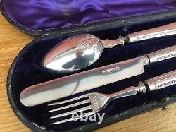 Victorian Solid Silver Three Piece Christening Set in fitted Case Sheffield 1880