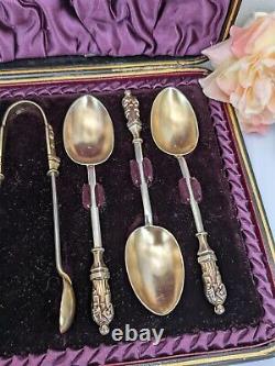 Victorian Sterling Silver Apostle Teaspoons & Tongs Set, Antique Hallmarked