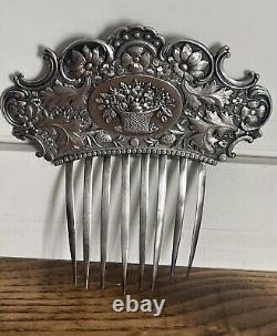 Victorian Sterling Silver'Basket of Flowers' Large Hair Comb