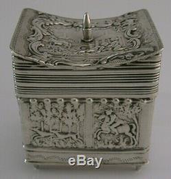 Victorian Sterling Silver Tea Caddy Box Stag Hunting Victorian 1901 Antique