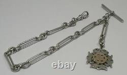 Victorian Sterling Silver Trombone Link Albert Chain (12) & Fob- H/M 1900 (47g)