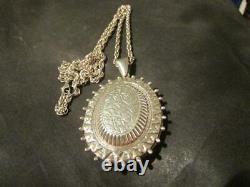 Victorian Style Large Quality Solid Silver Engraved Book Collar Locket & Chain