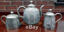 Victorian antique Indian colonial solid silver embossed repousse teaset teapot
