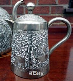Victorian antique Indian colonial solid silver embossed repousse teaset teapot