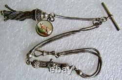 Victorian silver Albertina pocket watch chain with tassle & painted pig fob