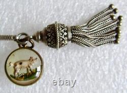 Victorian silver Albertina pocket watch chain with tassle & painted pig fob