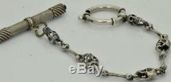 Victorian solid Sterling Silver MEMENTO MORI SKULLS chain&key for pocket watch