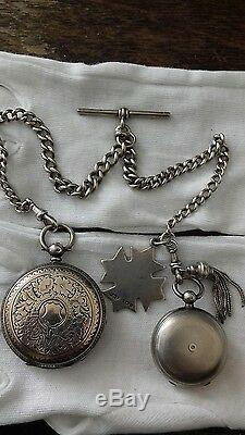 Victorian solid silver double Albert chain, watch, fobs, sov holder