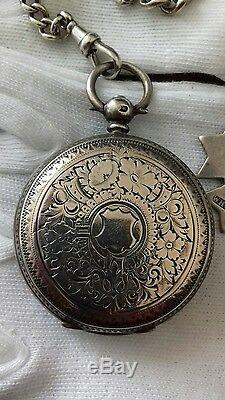 Victorian solid silver double Albert chain, watch, fobs, sov holder