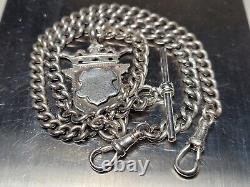 Vintage Double Sterling Silver Pocket Watch Albert Chain With Shield Fob