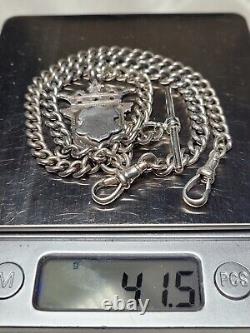 Vintage Double Sterling Silver Pocket Watch Albert Chain With Shield Fob