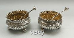 Vtg 1887 Victorian H Bros Solid Sterling Silver Gilt Salt Cellars & Spoons & Box