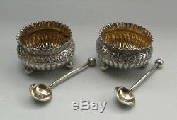 Vtg 1887 Victorian H Bros Solid Sterling Silver Gilt Salt Cellars & Spoons & Box