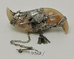 Vtg c1870 Victorian Solid Silver Double Claw Brooch Grouse Tiger Arrow 4 Repair