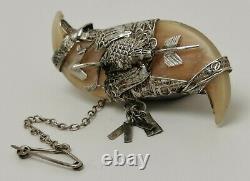 Vtg c1870 Victorian Solid Silver Double Claw Brooch Grouse Tiger Arrow 4 Repair