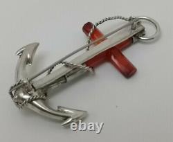 Vtg c1890 Victorian Solid Silver Large 7.5cm Scottish Agate Anchor Pin Brooch