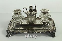 =1840's Sterling Silver Double Inkwell Set Porte Poignée Et Verre De Cristal Snuffer