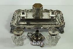 =1840's Sterling Silver Double Inkwell Set Porte Poignée Et Verre De Cristal Snuffer