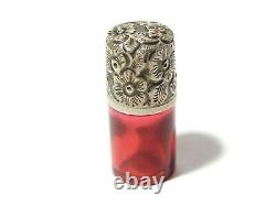 19ec Miniature Ruby Cranberry Verre Perfume Scent Bouteille Couvercle D'argent #t162b