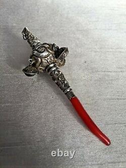 26g Antique Baby Combined Soother, Rattle & Whistle Coral Repousse White Metal