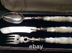 3 Piece Victorian (1856) Anglais Sterling Silver & Mother Of Pearl Youth Set