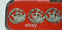 5 Large Antique Pierce Solide Silver Buttons Cased Knight Reclining 24mm 1901