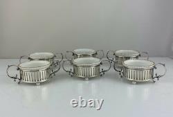 6 Birks Sterling Silver Salt Dish / Ramekin Holders Avec Mehun Depose Porcelaine