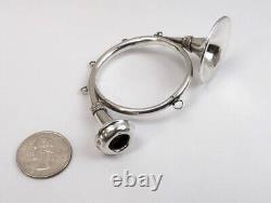 Ancien hochet jouet en argent sterling miniature cor de chasse/trompette bugle français