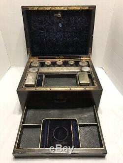 Antique 1800 Vanity Case Boîte Dressing Calamander Ht En Argent Sterling Verre Jars