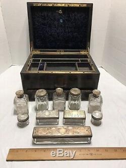 Antique 1800 Vanity Case Boîte Dressing Calamander Ht En Argent Sterling Verre Jars