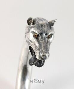 Antique 800 Silver Wolf German Dog Head Poignée Marche C1900 Canne Bâton