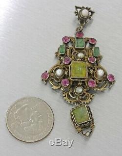 Antique Bohême 1870s Autriche-hongrie Argent Massif Mixte Gems Pendentif Perle