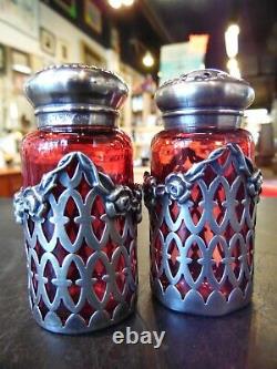 Antique Cranberry & Sterling Salt & Pepper Shakers