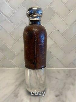 Antique James Dixon Sterling Silver Leather Hip Flask With Cup & Flip Top