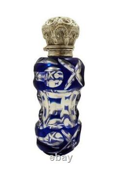 Antique Silver & Blue Overlay Cut Glass Perfum / Bottle Scent C1890